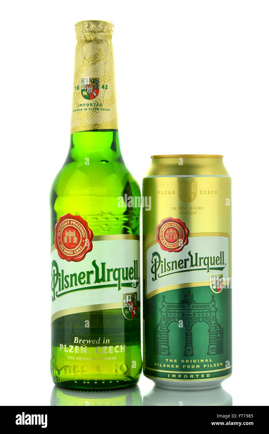 Pilsner Urquell pale lager beer isolated on white Stock Photo