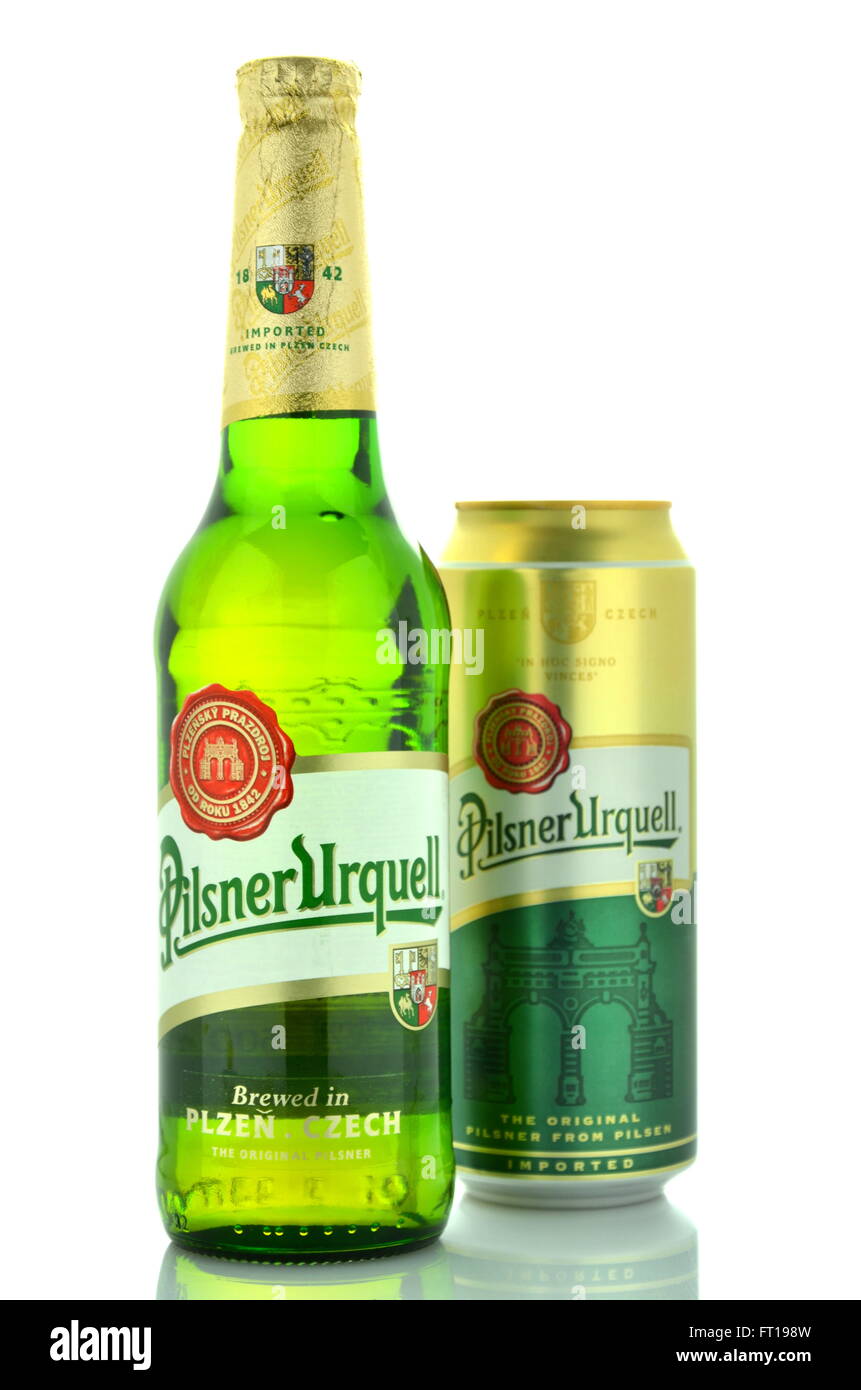 Pilsner Urquell pale lager beer isolated on white Stock Photo