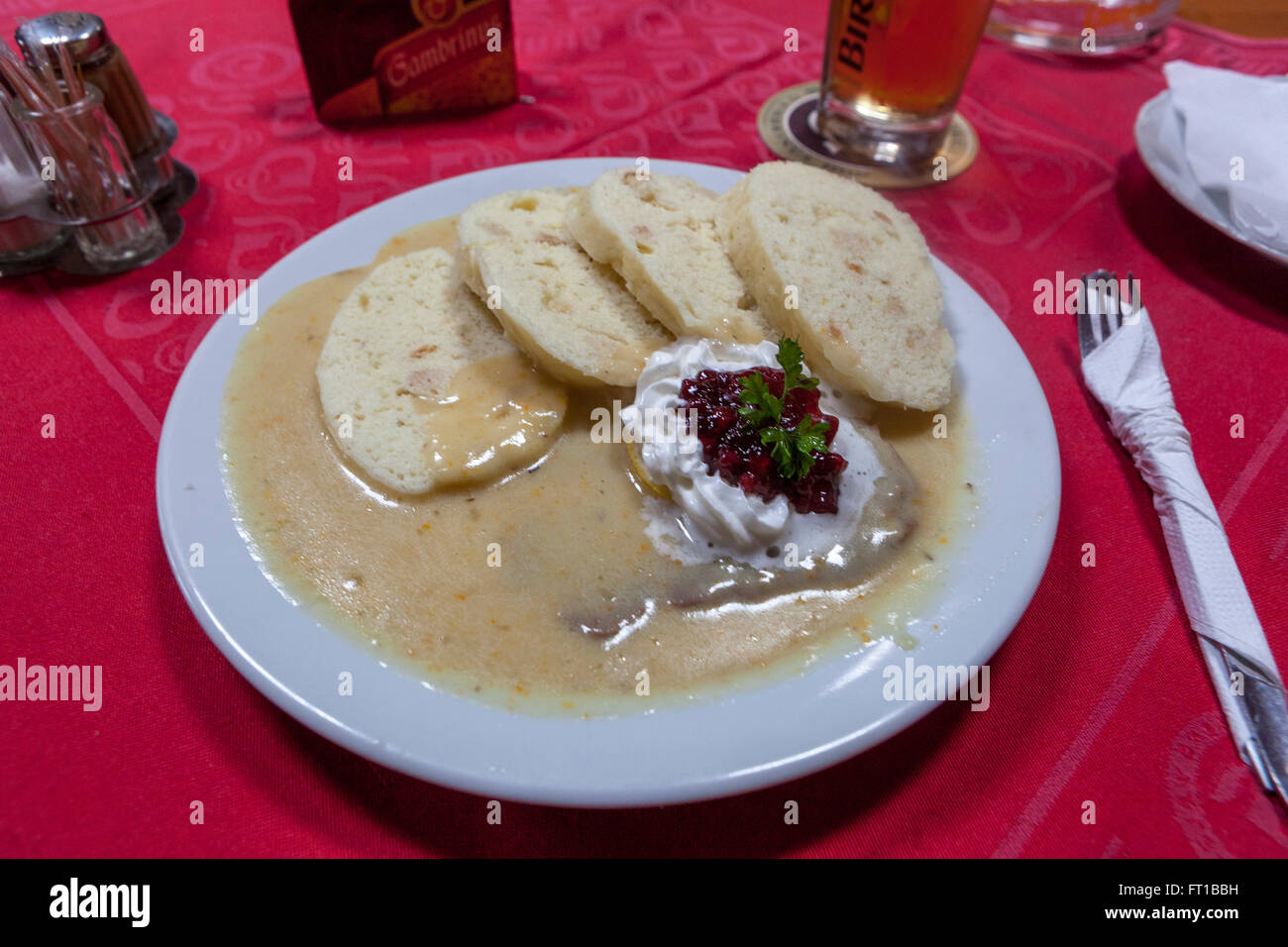 Czech food dumpling Sirloin on beef in cream sauce with cranberries served with dumplings, traditional cuisine Stock Photo