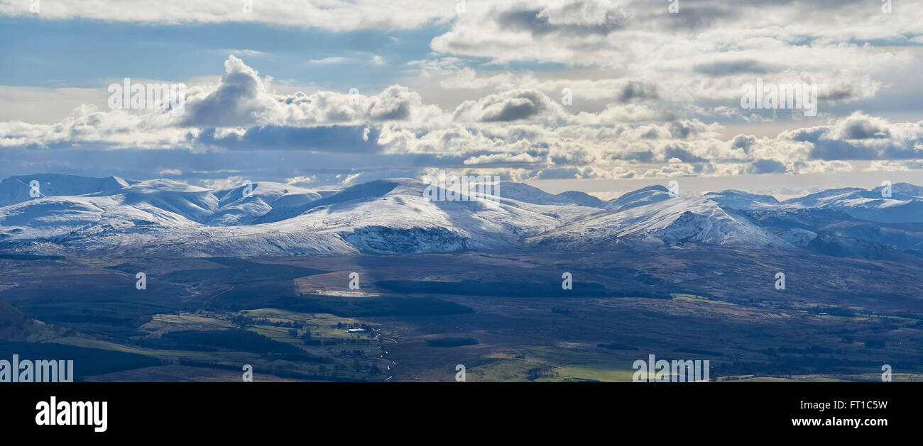 An aerial view of the Lake District uplands with snow capped mountains, North West England, UK Stock Photo