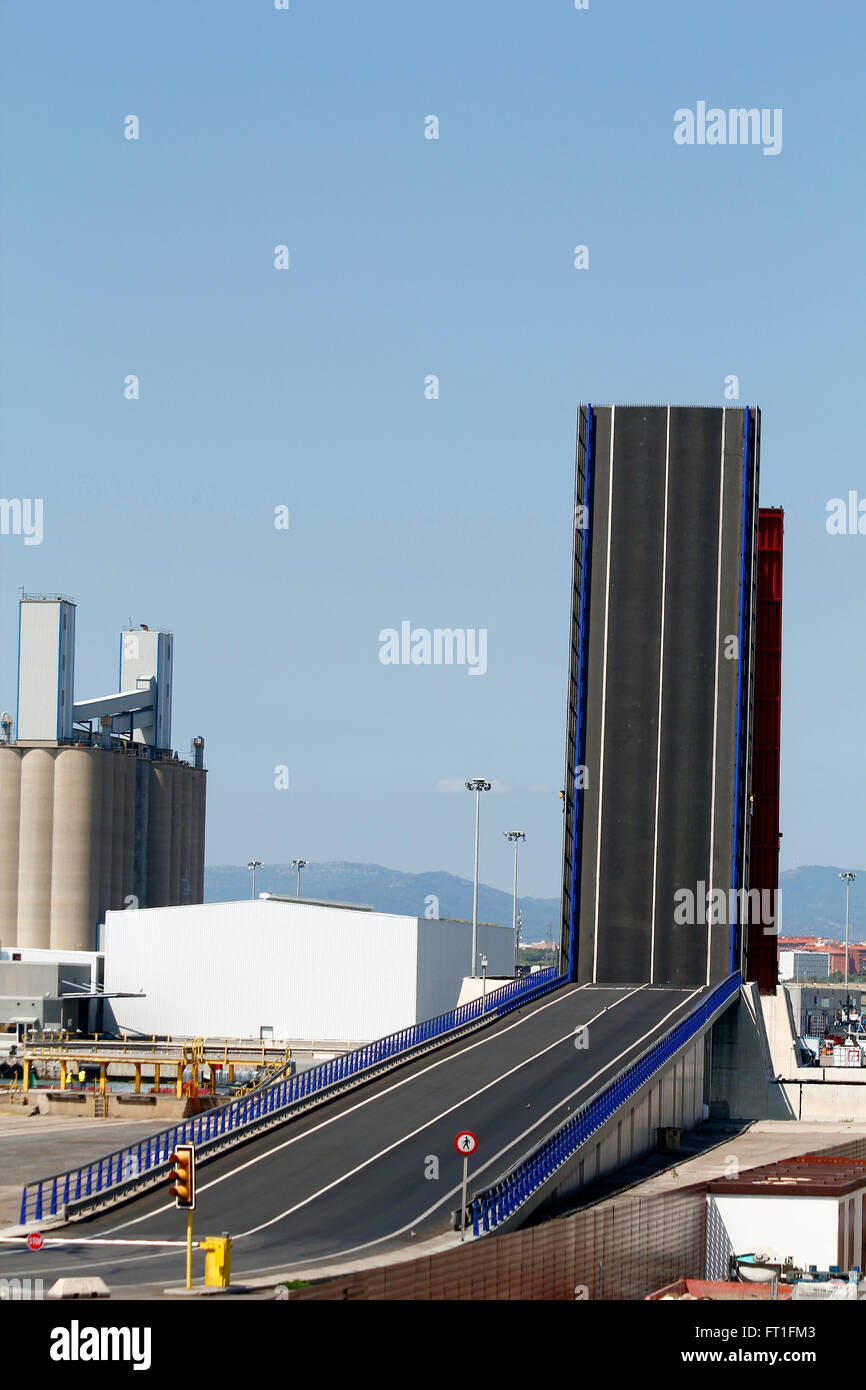 Drawbridge opening from on water perspective Stock Photo