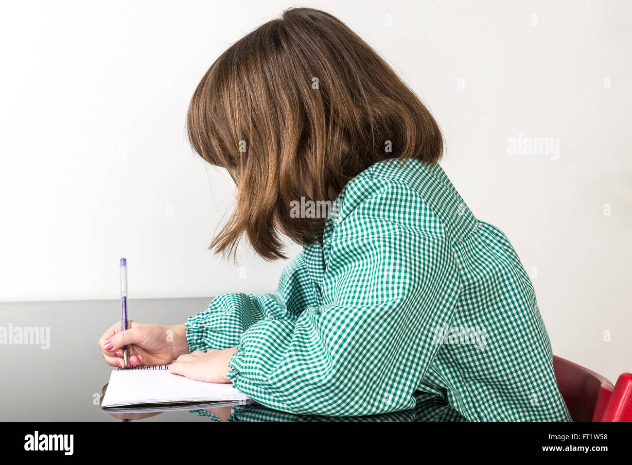 Little girl with a green plaid smock writing in a notebook at home Stock Photo