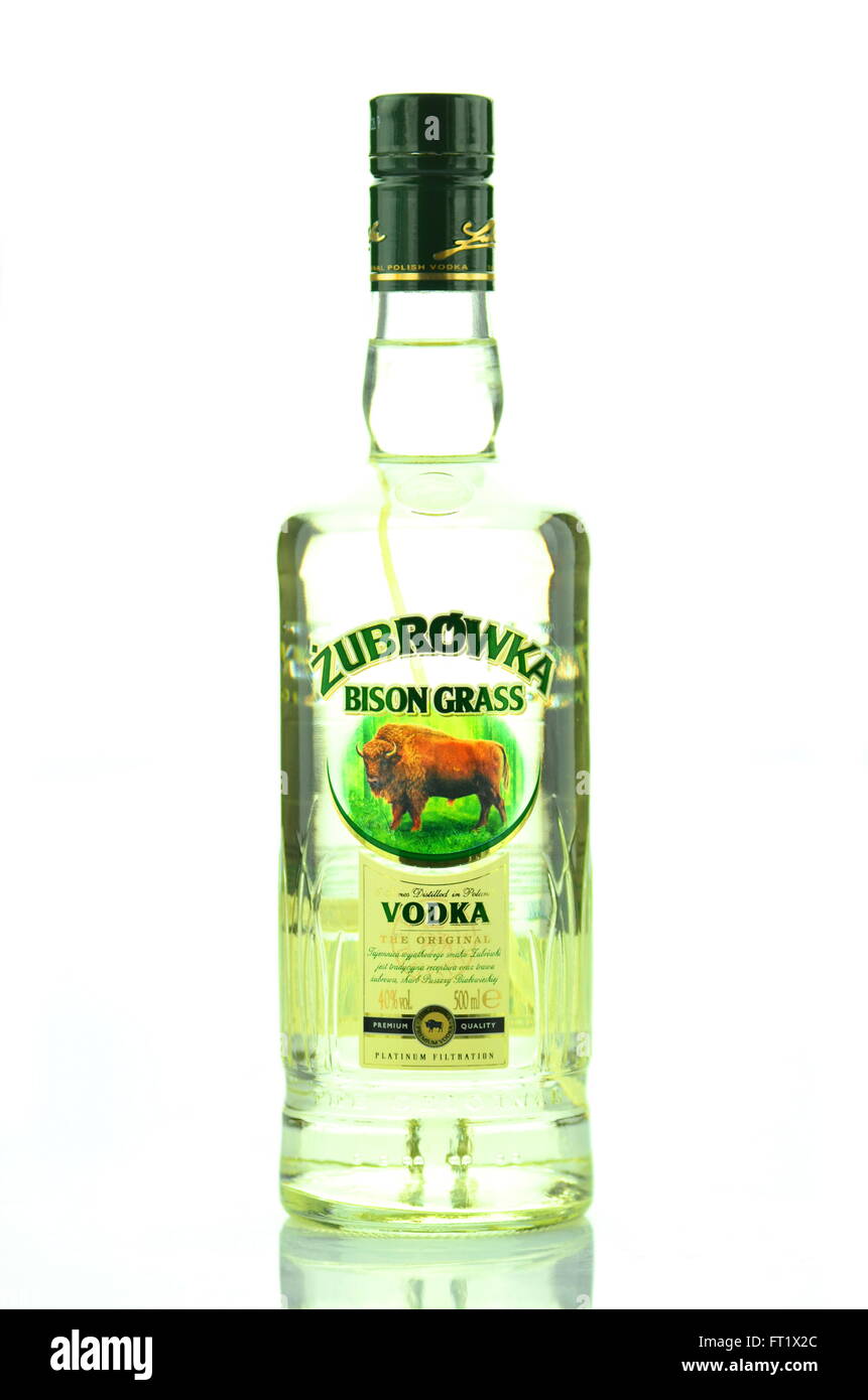 Zubrowka vodka isolated on white background. It is original flavored premium bison grass vodka produced by Polmos in Poland. Stock Photo