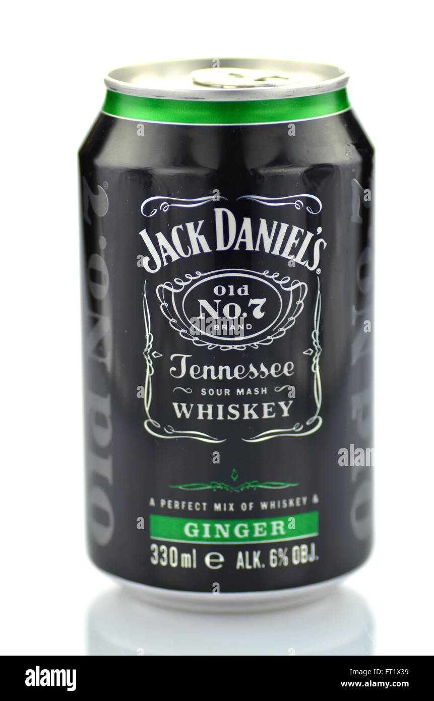 Mix of Jack Daniels whiskey in cans isolated on white background. Jack