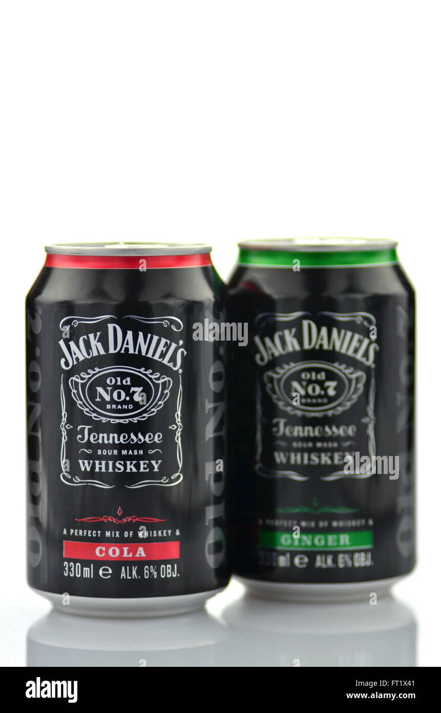 Mix of Jack Daniels whiskey in cans isolated on white background. Jack
