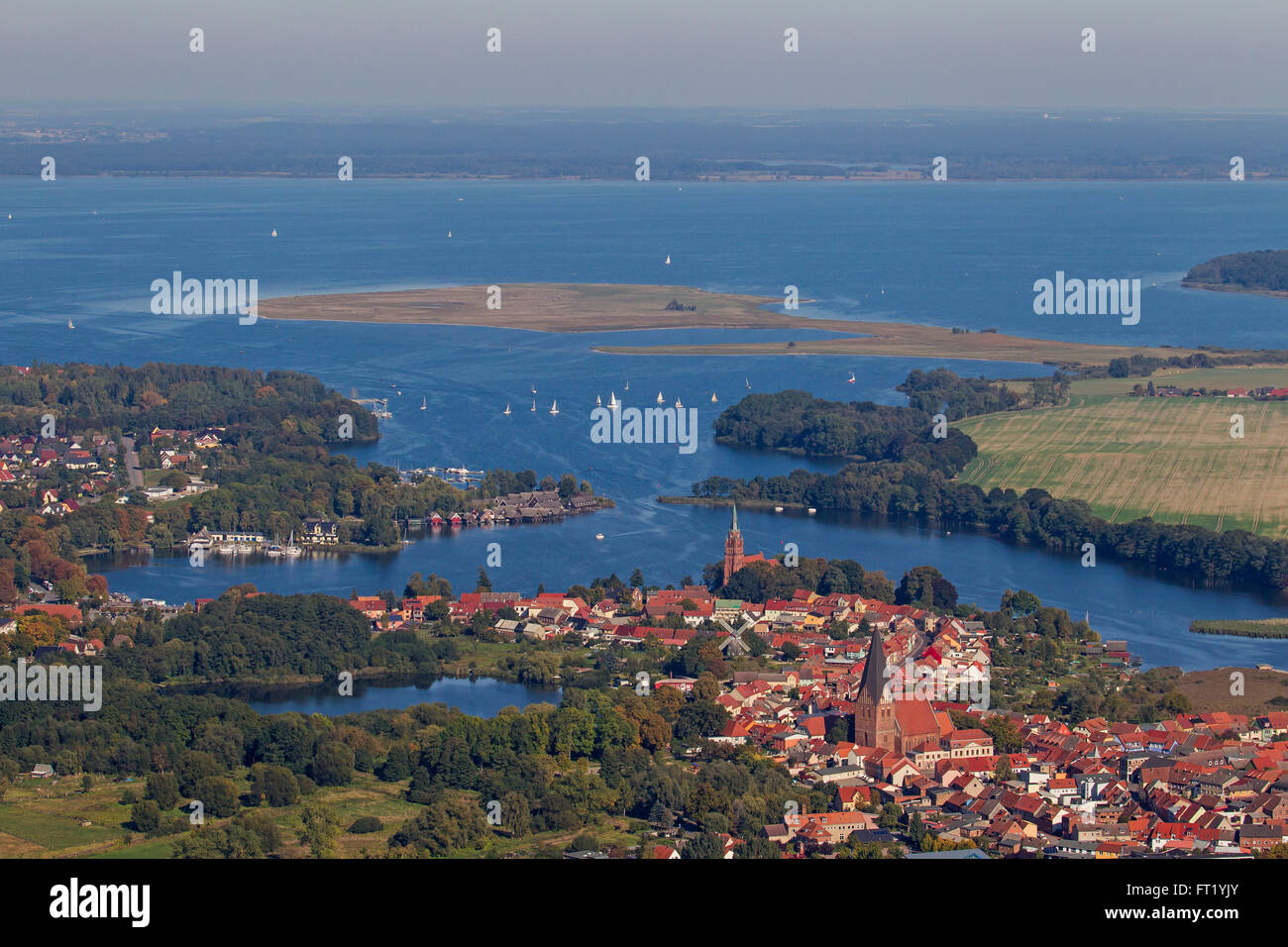 Aerial view over the city Röbel / Roebel on the western shore of Lake Müritz, Mecklenburg-Western Pomerania, Germany Stock Photo