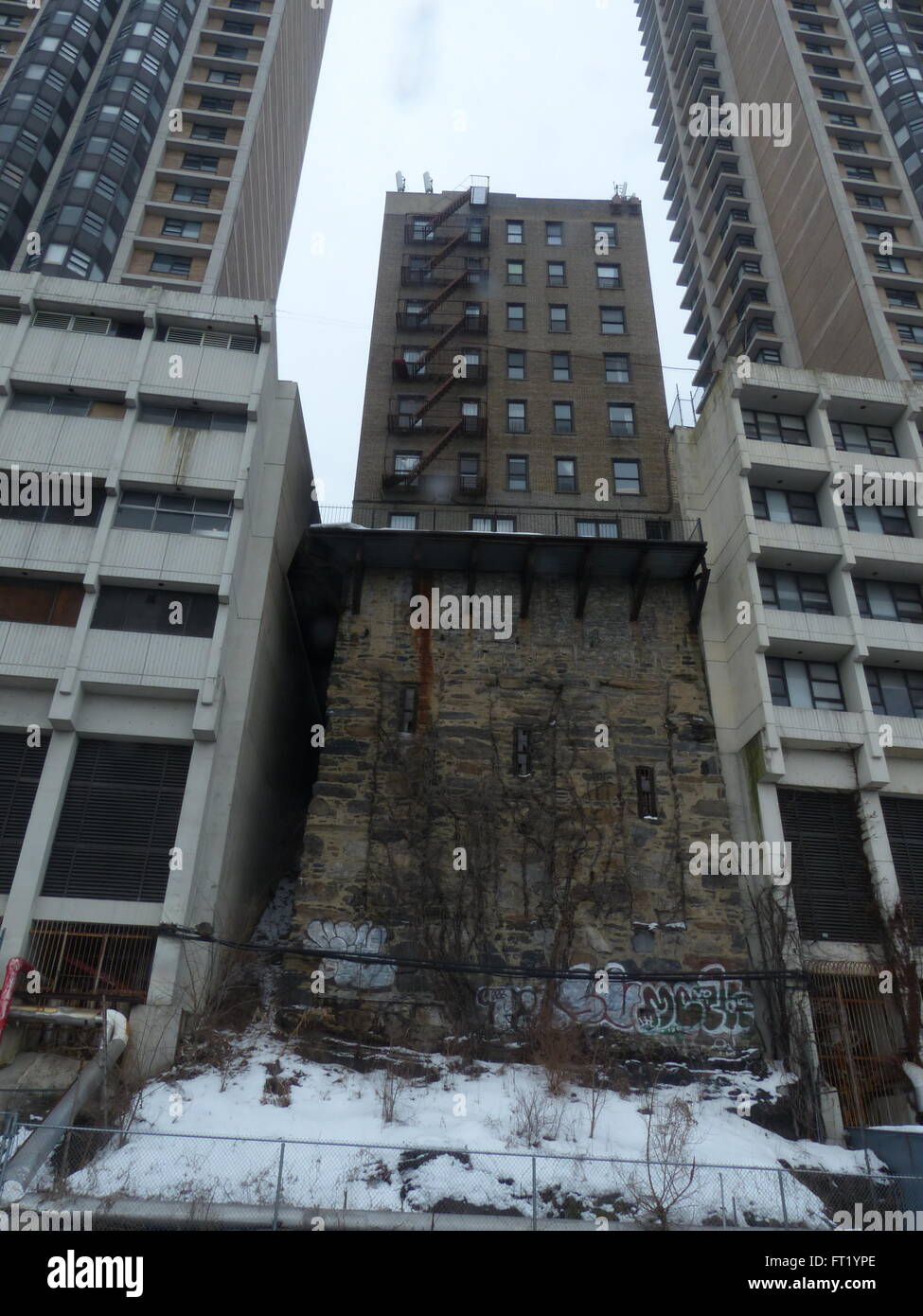 Foundation of this apartment building in Washington Heights is higher than the building itself Stock Photo