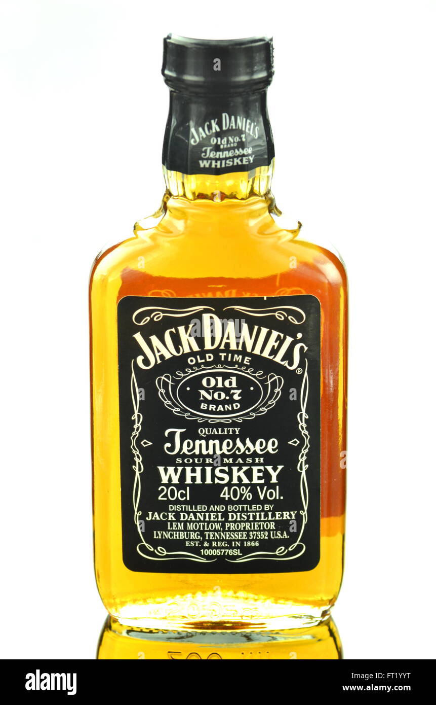 Small bottle of Jack Daniels whiskey isolated on white background. Jack