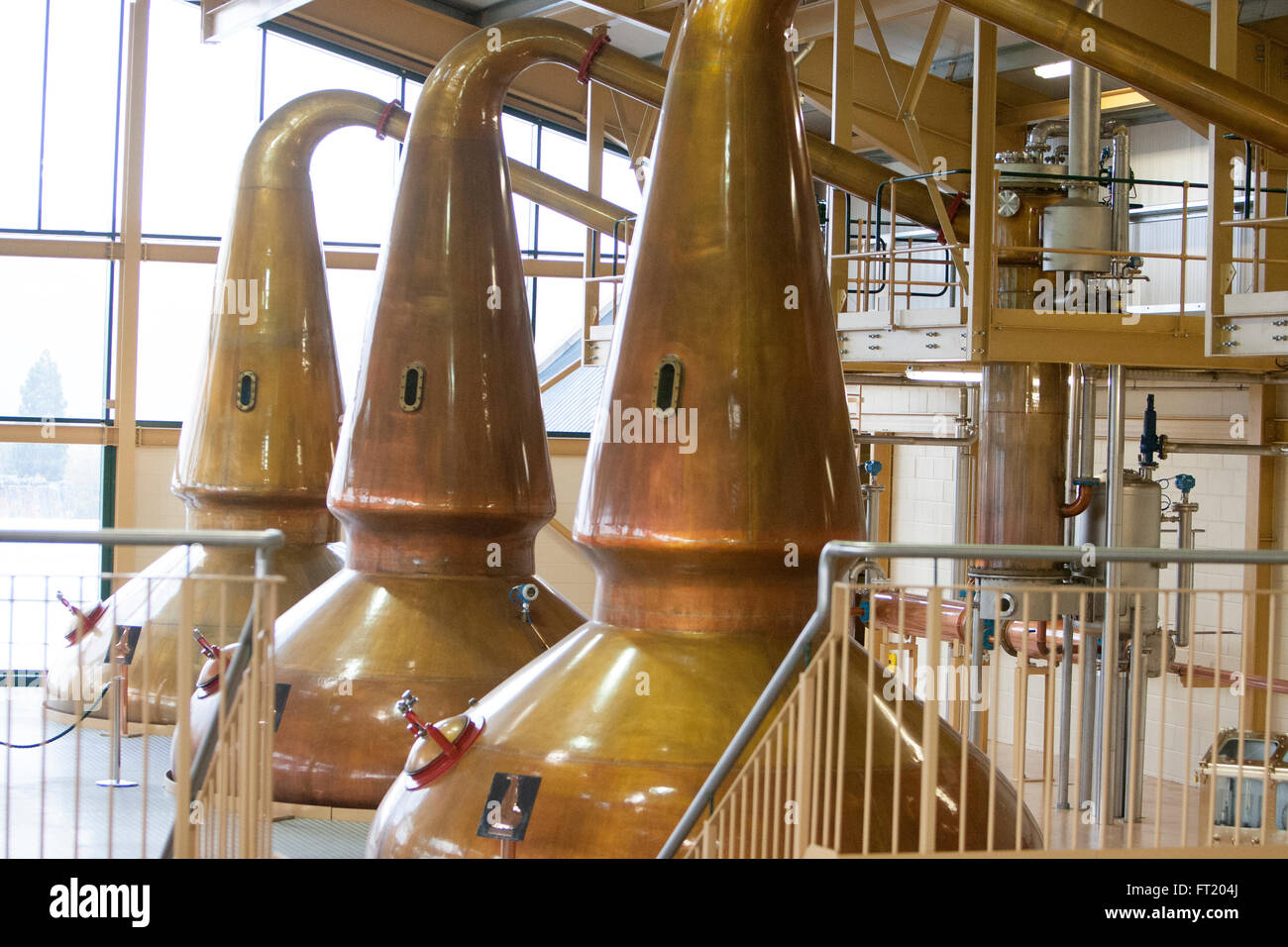 The unique lantern type stills made of copper at The Glenlivet Distillery in Speyside of Scotland give a nice taste to scotch Stock Photo