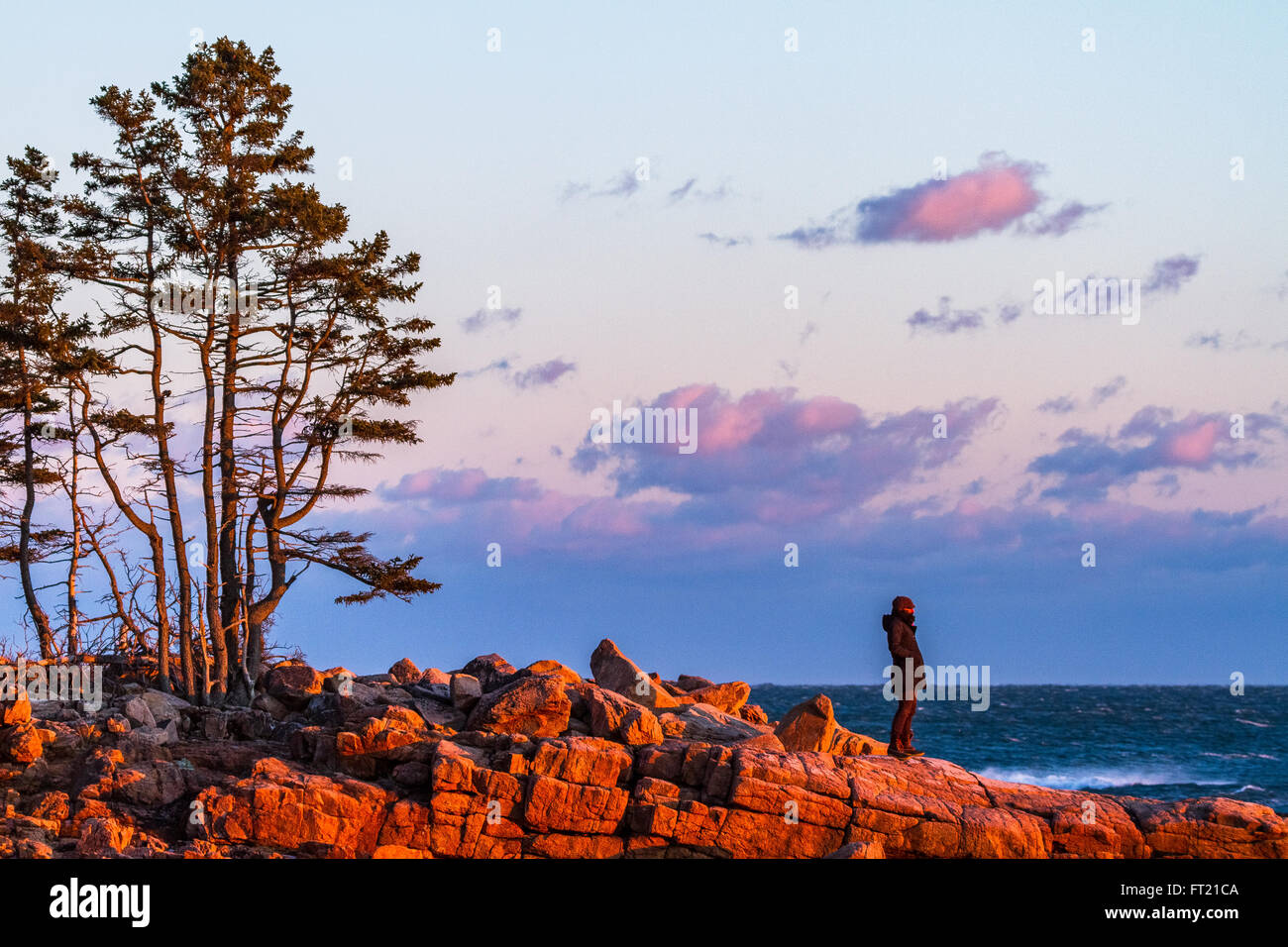 A girl stands on the rocky shore, illuminated by the orange light of the sun in Acadia National Park, Mount Desert Island, Maine Stock Photo