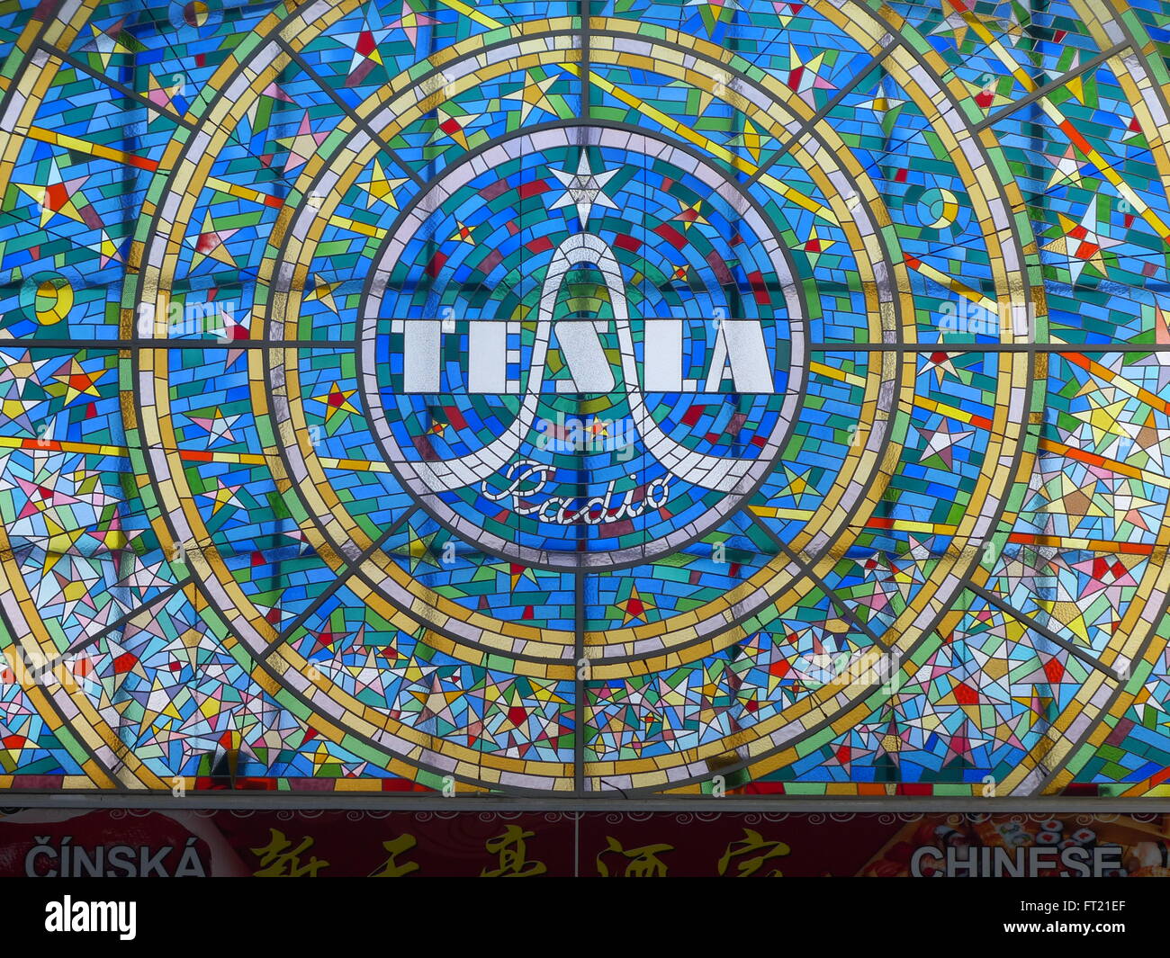 Prague, Nicola Teslas's stain glass wall at Svetozor Stock Photo
