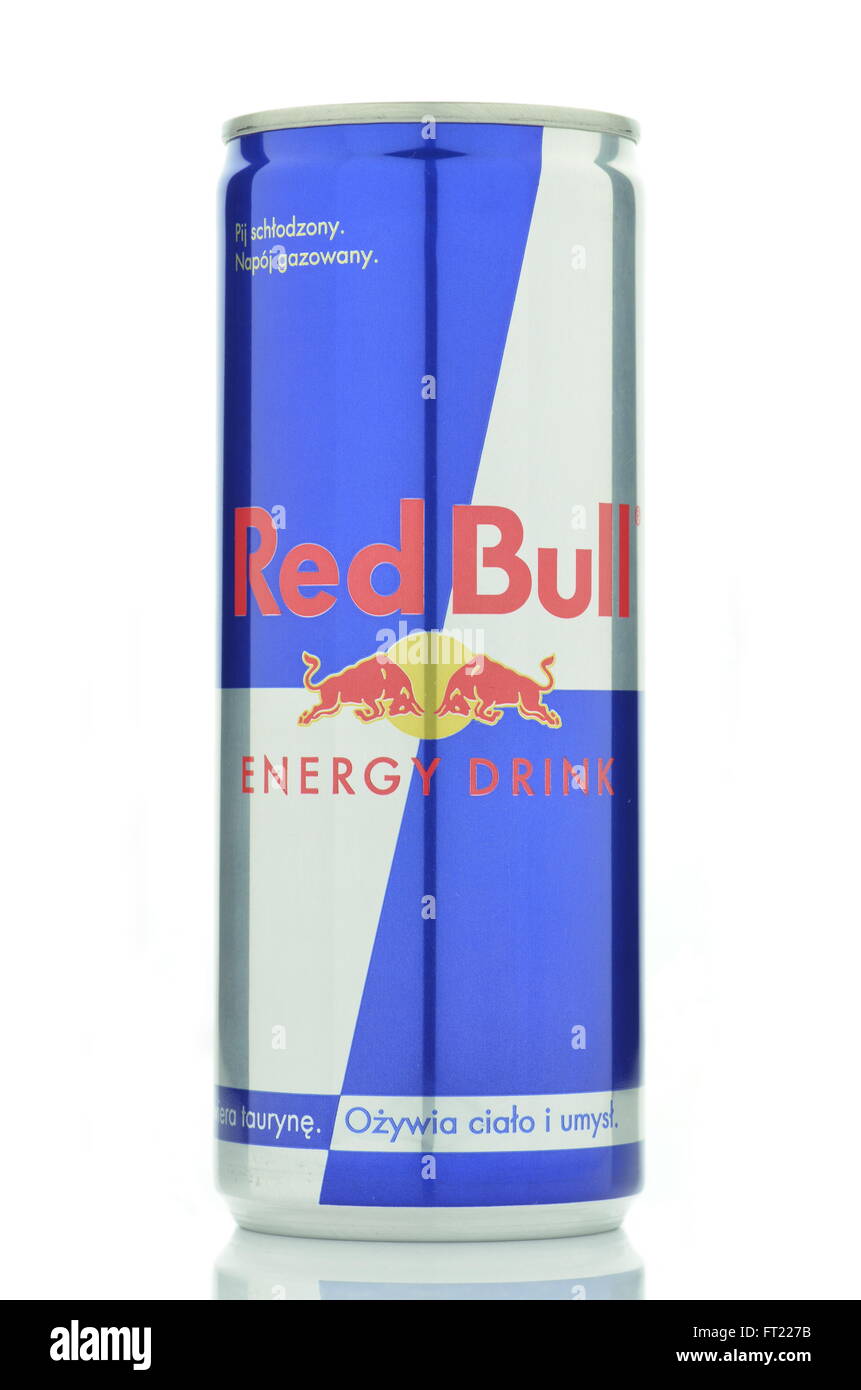 Red Bull energy drink isolated on white background. Red Bull is sold by Austrian company Red Bull GmbH and was created in 1987. Stock Photo
