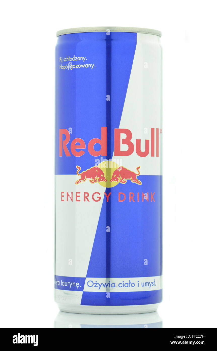 Red Bull energy drink isolated on white background. Red Bull is sold by Austrian company Red Bull GmbH and was created in 1987. Stock Photo
