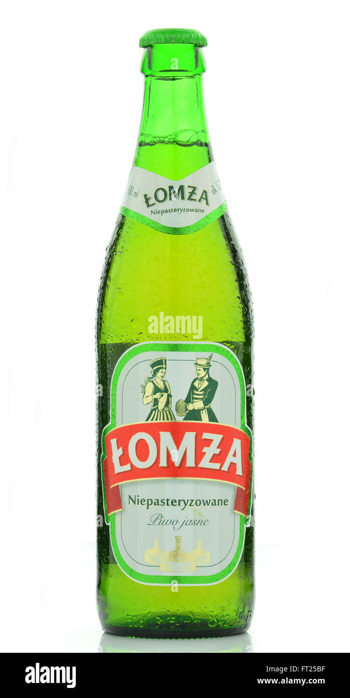 Lomza unpasteurized lager beer isolated on white background Stock Photo