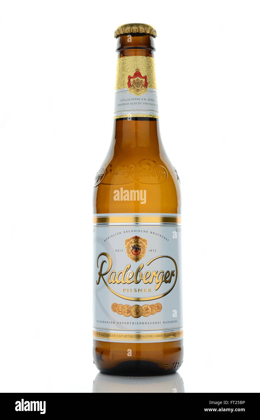 Radeberger pilsner beer isolated on white background. Radeberger has been brewed since 1872 in