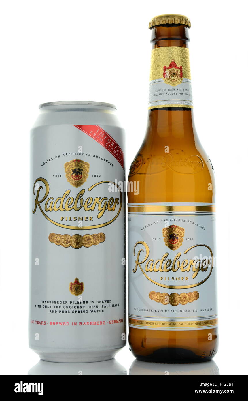 Radeberger pilsner beer isolated on white background. Radeberger has been brewed since 1872 in Germany. Stock Photo