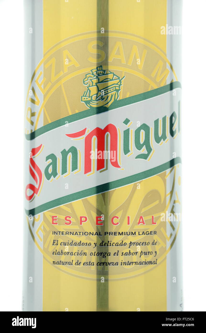 San Miguel beer isolated on white background. San Miguel Brewery is the