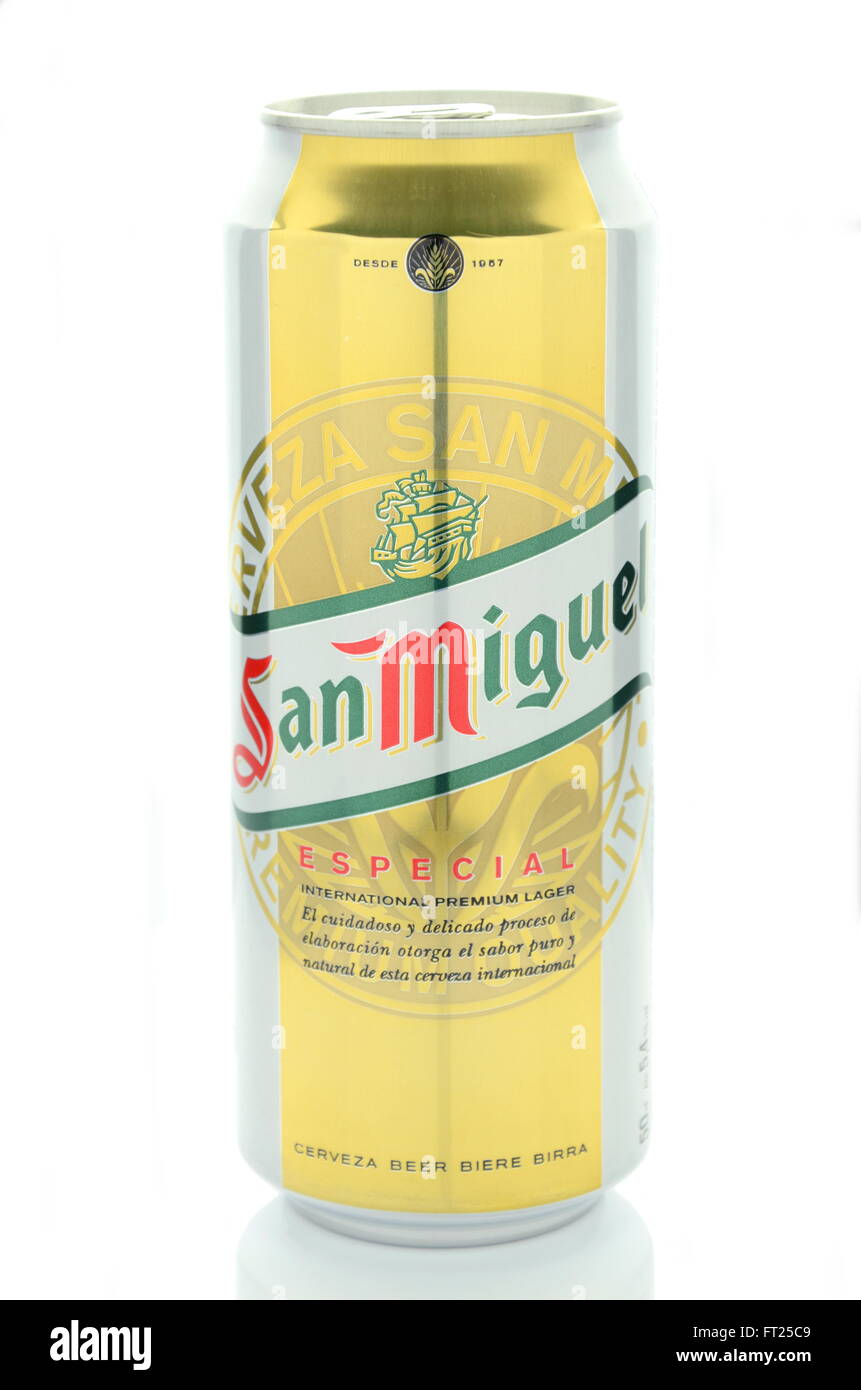 San Miguel beer isolated on white background. San Miguel Brewery is the