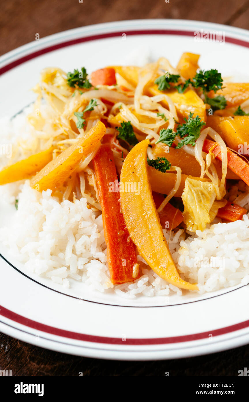 Curried Rutabaga and Carrots with Chinese Cabbage and Bean Sprouts Stock Photo