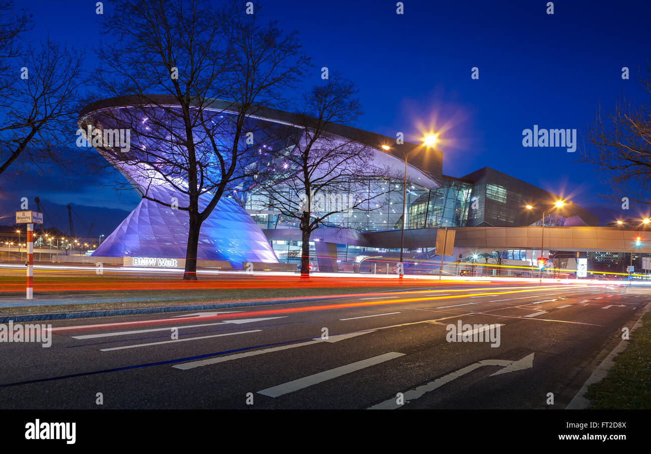 MUNICH, GERMANY - MARCH 8, 2016: BMW World (BMW Welt) in Munich at night, a multi-functional customer experience and exhibition Stock Photo