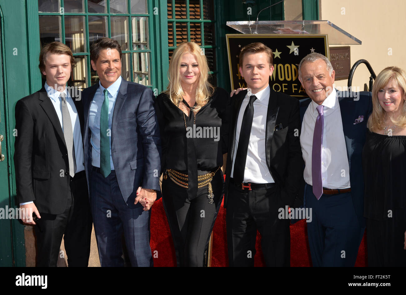 LOS ANGELES, CA - DECEMBER 8, 2015: Actor Rob Lowe with wife Sheryl Berkoff, sons Edward & John, & his parents at Lowe's star ceremony on Hollywood Walk of Fame. Stock Photo
