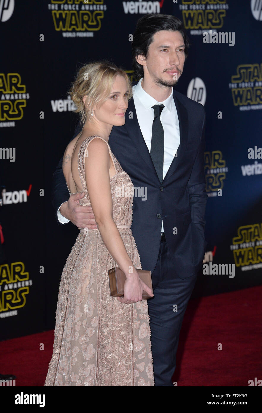 LOS ANGELES, CA - DECEMBER 14, 2015: Actor Adam Driver & wife Joanne Tucker at the world premiere of 'Star Wars: The Force Awakens' on Hollywood Boulevard Stock Photo