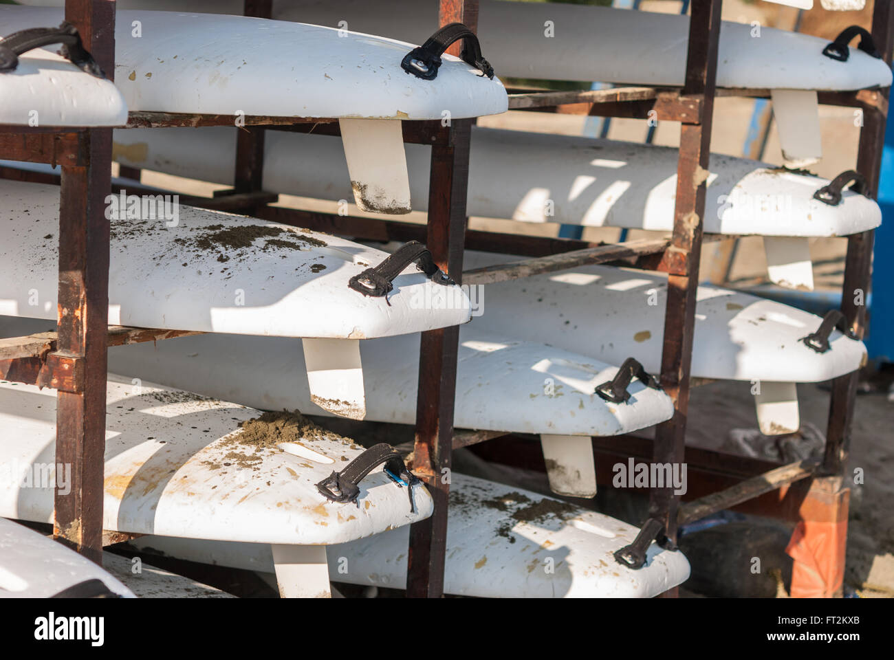 White windsurfing boards closeup. Alaminos beach. Cyprus. Stock Photo
