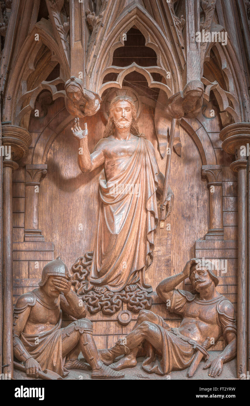 Resurrection of Jesus, one of a series of fourteenth century wooden carvings illustrating the life of Jesus Christ. Stock Photo