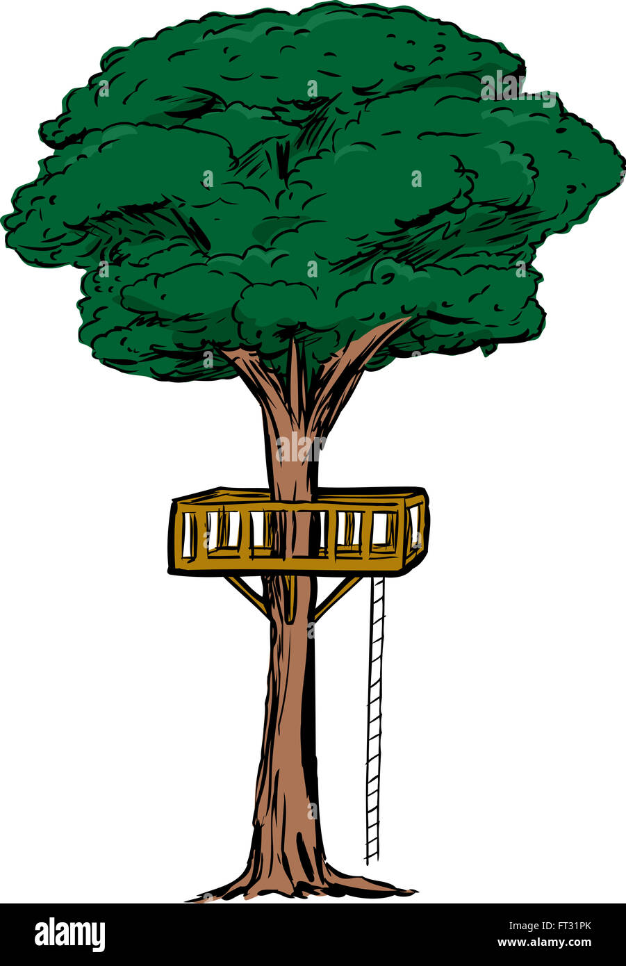 Tree with treehouse platform and rope ladder over isolated white ...