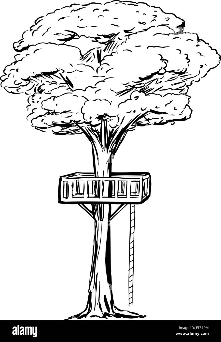 Outlined tree with treehouse platform and rope ladder over isolated