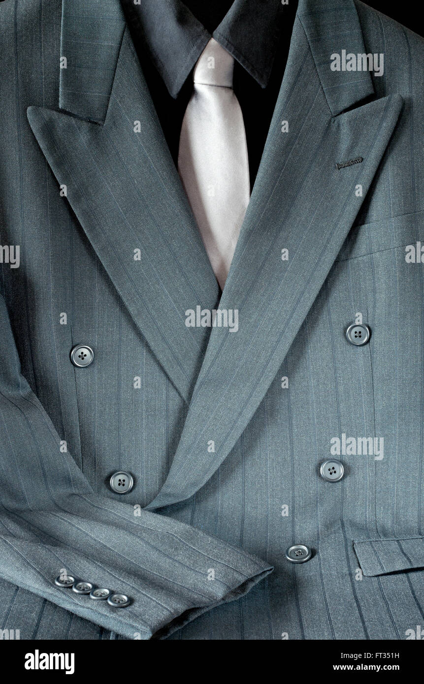double-breasted pinstripe gray suit or mens sport jacket and shirt with necktie Stock Photo