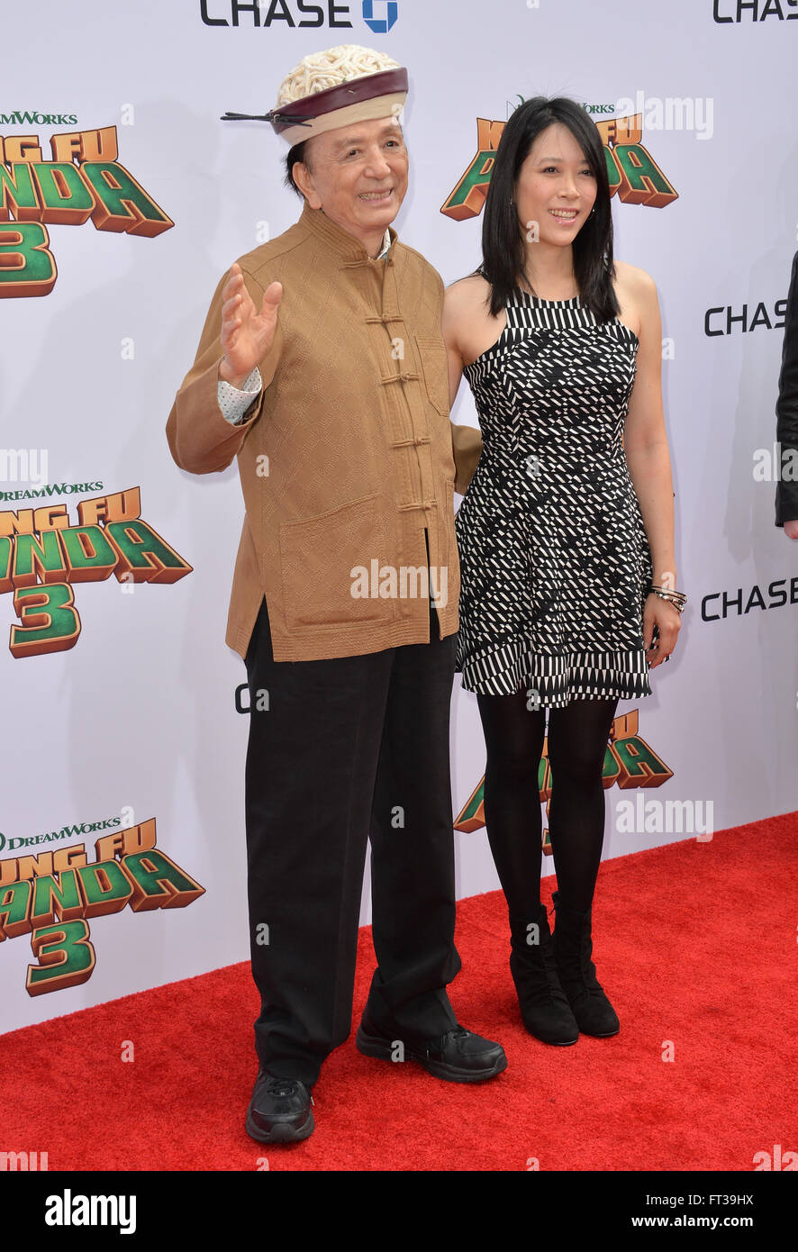 LOS ANGELES, CA JANUARY 16, 2016 Actor James Hong & daughter at the world premiere of Kung Fu