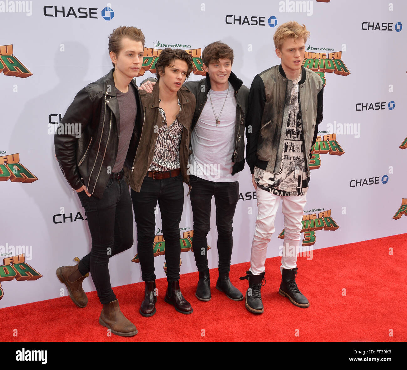 LOS ANGELES, CA - JANUARY 16, 2016: Recording group The Vamps - Brad Simpson, James McVey, Connor Ball & Tristan Evans - at the world premiere of Kung Fu Panda 3 at the TCL Chinese Theatre, Hollywood. Stock Photo