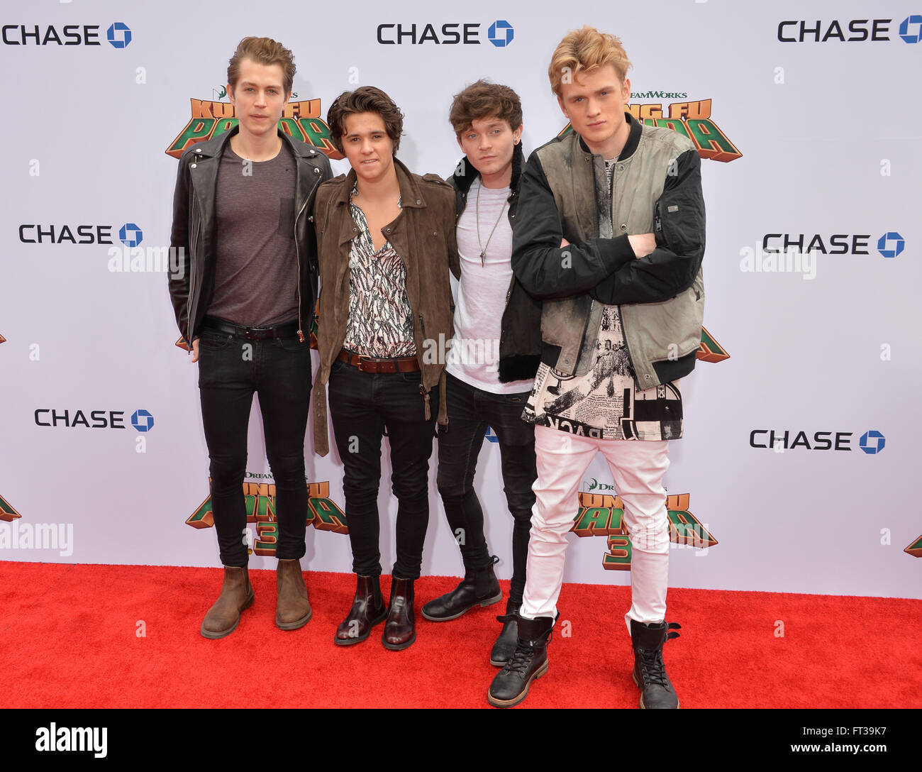LOS ANGELES, CA - JANUARY 16, 2016: Recording group The Vamps - Brad Simpson, James McVey, Connor Ball & Tristan Evans - at the world premiere of Kung Fu Panda 3 at the TCL Chinese Theatre, Hollywood. Stock Photo