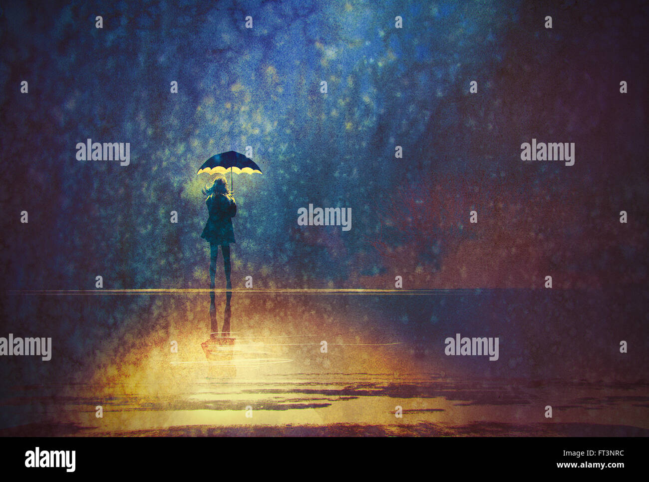 lonely woman under umbrella lights in the dark,digital painting Stock Photo
