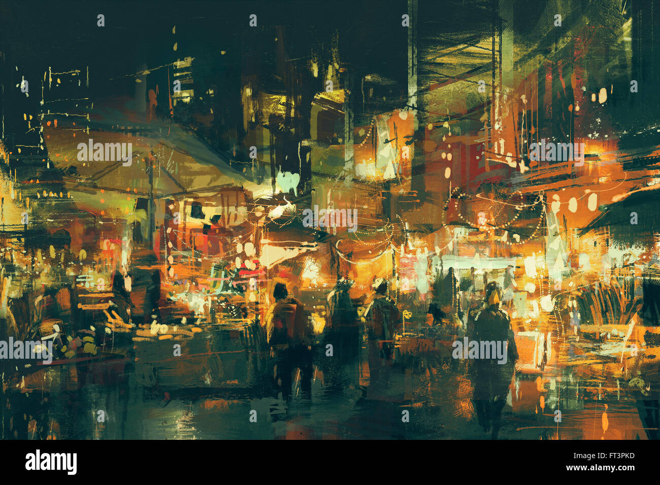 digital painting of people walking in the market at night Stock Photo