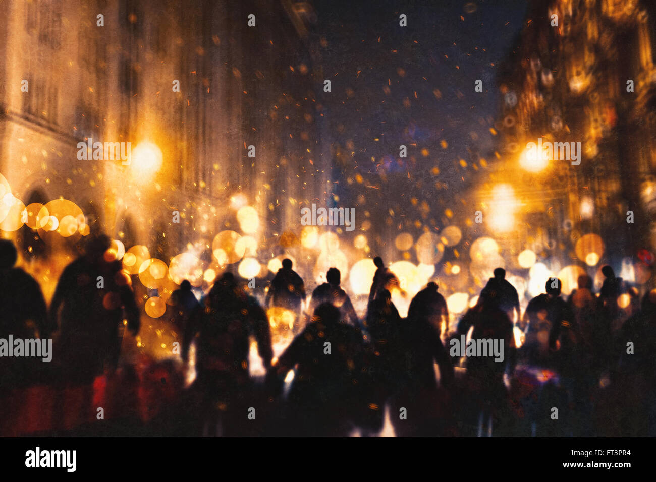 group of zombie walking through burning city,illustration painting Stock Photo