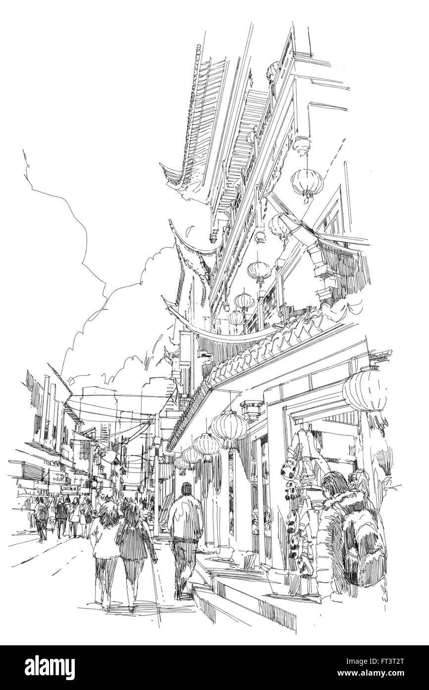 freehand sketch Chinese buildings and city street Stock Photo