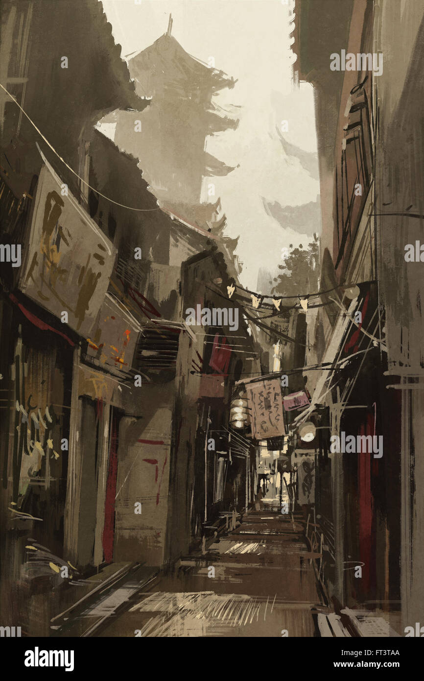 CHINATOWN night scene of Chinatown, original knife oil painting on