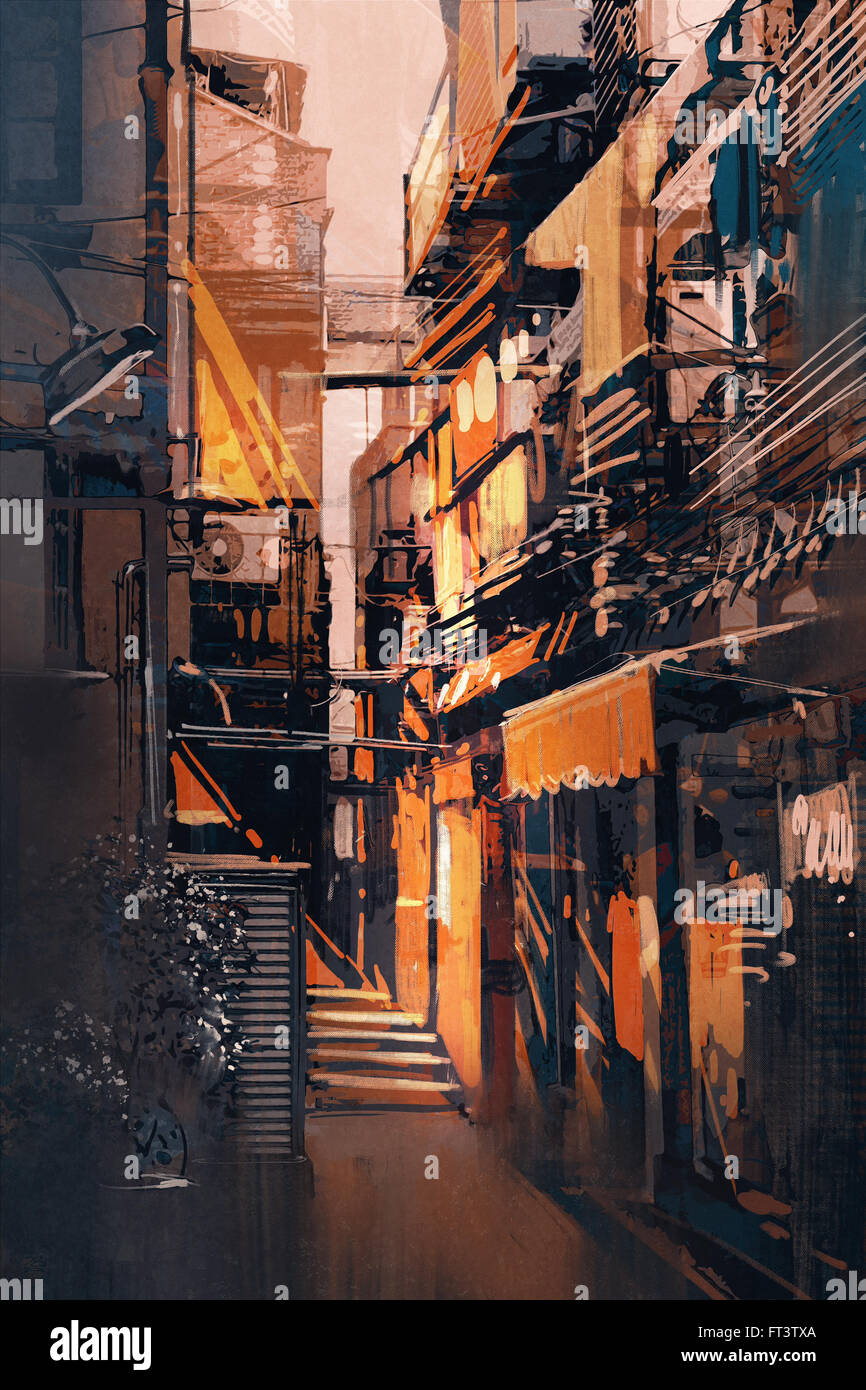 Painting Of Narrow Alleyway In Old Town At Evening Stock Photo Alamy