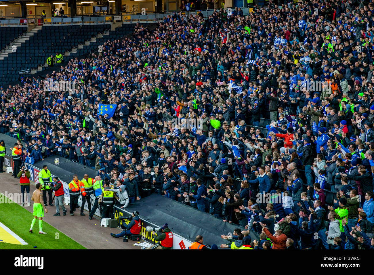Over 7000 Brighton & Hove Albion Football Fans Watch Their Team Play Away At MK Dons, Milton Keynes, Buckinghamshire, UK Stock Photo