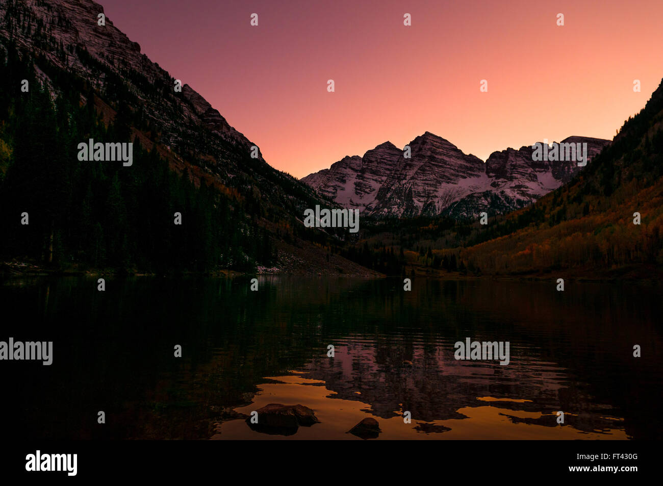 Maroon Bells Reflection after Sunset Stock Photo