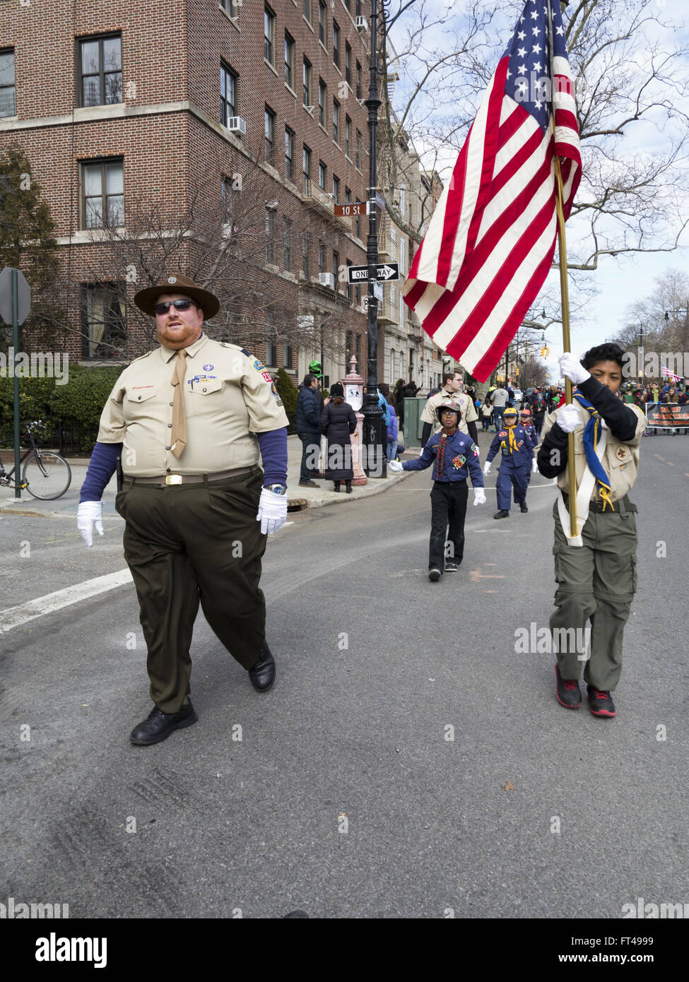 Boy Scout troop at St.Patrick's Day Parade in the Park Slope neighborhood of Brooklyn, New York, 2016. Stock Photo