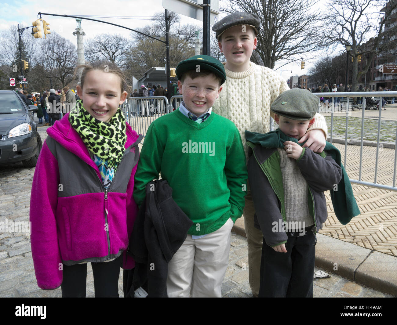 Irish-American cousins at St.Patrick's Day Parade in the Park Slope neighborhood of Brooklyn, New York, 2016. Stock Photo