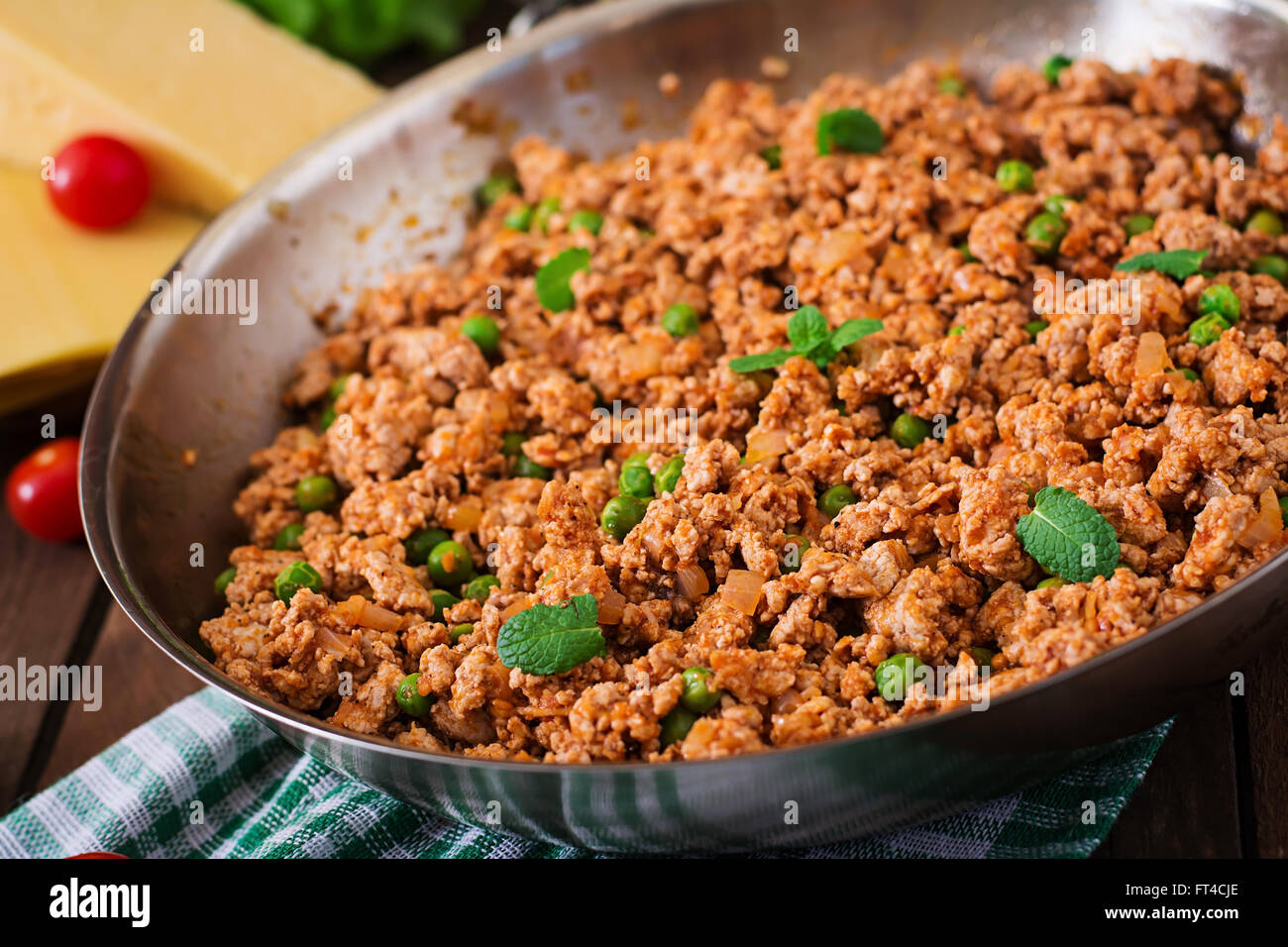 Minced meat in a frying pan for stuffing lasagna Stock Photo Alamy