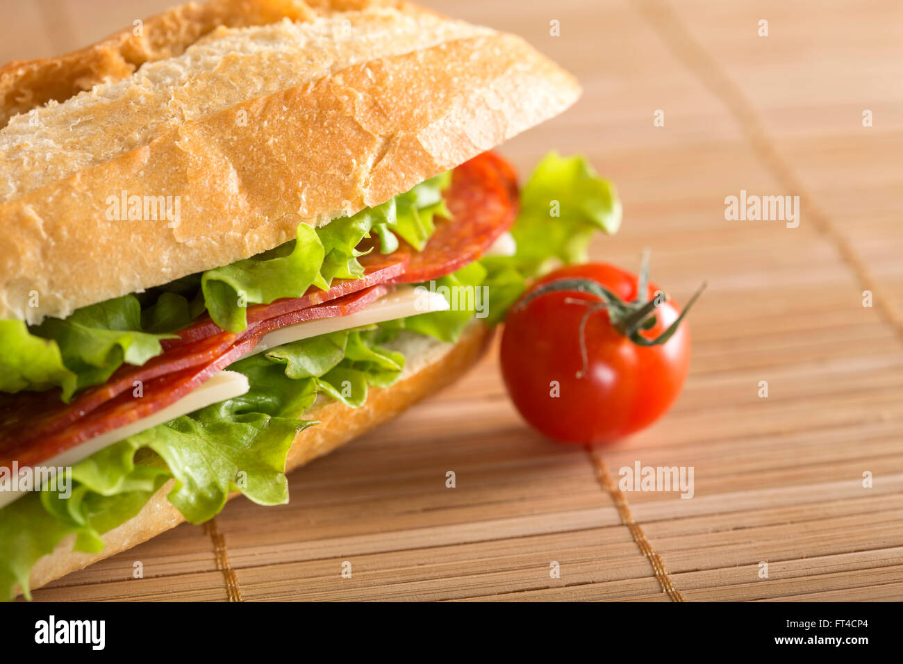 Closeup of a fresh sandwich with salami, cheese and lettuce Stock Photo