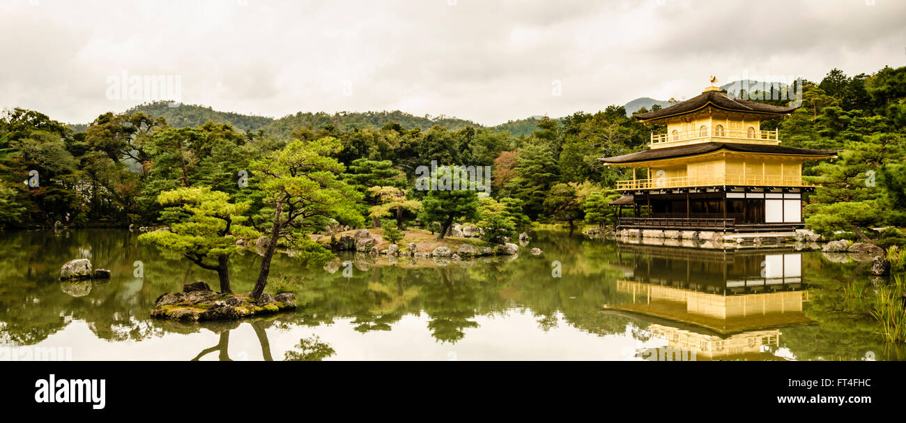 Panorama of the Kinkaku-ji or Golden Pavilion in Autumn, Kita-ku, Kyoto, Kansai, Japan Stock Photo