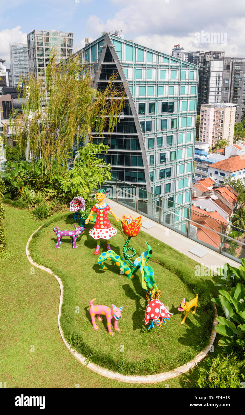 Orchard Central Roof Garden with Let’s Go to a Paradise of Glorious Tulips by artist Yayoi Kusama, Orchard Rd, Singapore Stock Photo