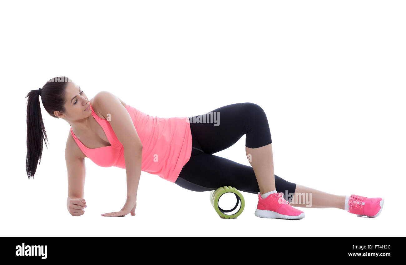 Foam roller exercise explanation and execution with a trainer Stock ...
