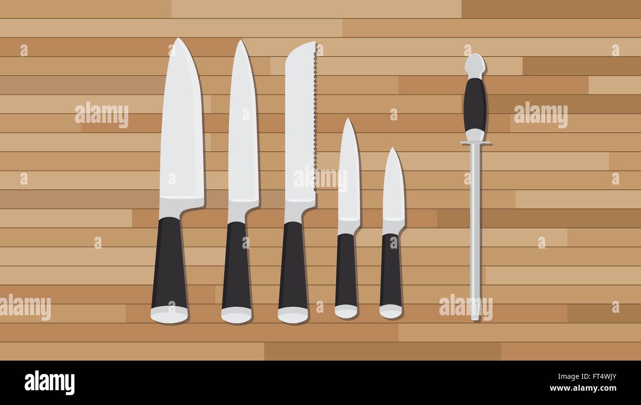 knife collection kitchen set with wood background Stock Vector Image